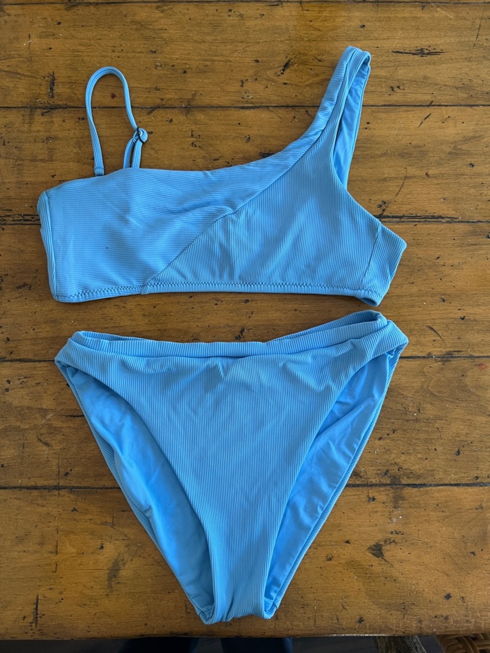 BECCA Light Blue Ribbed Bikini Top and Bottom with Tag Detail
